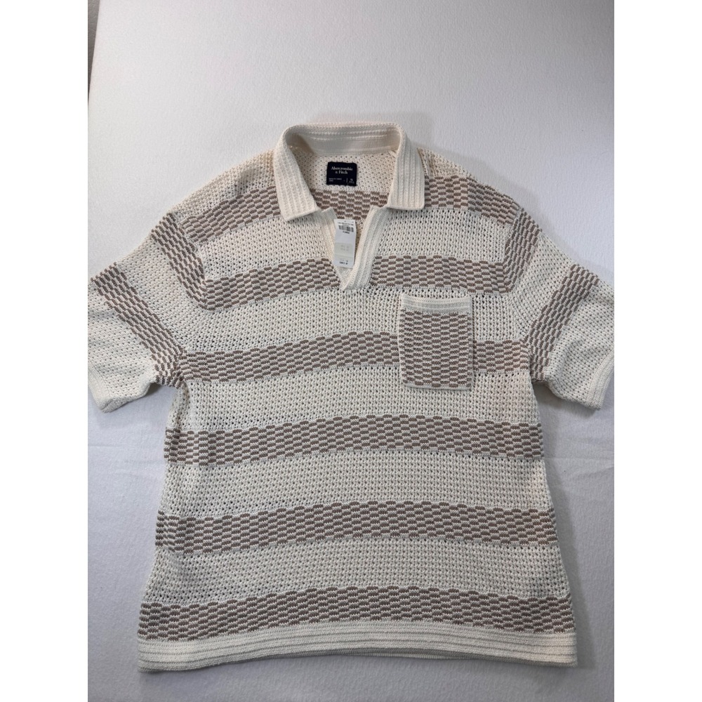 Abercrombie & Fitch Mens XL Crochet Stripe Sweater Polo Shirt Tan Cream New